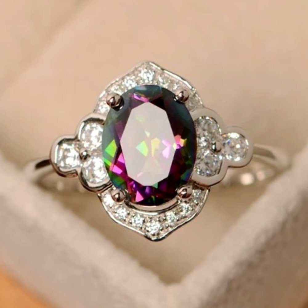 🍁 Noble Jewelry Oval Pure Colorful Zircon Elegant Rings for Women, PD308